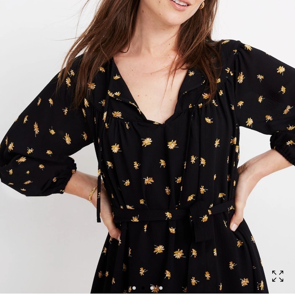 Madewell Tie-Waist Mini Dress in French Daisies Black Womens XS Floral Prairie - Picture 5 of 14